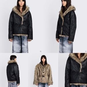 OPEN YY Black Reversible Double Side Faux-Leather Fur Jacket Coat